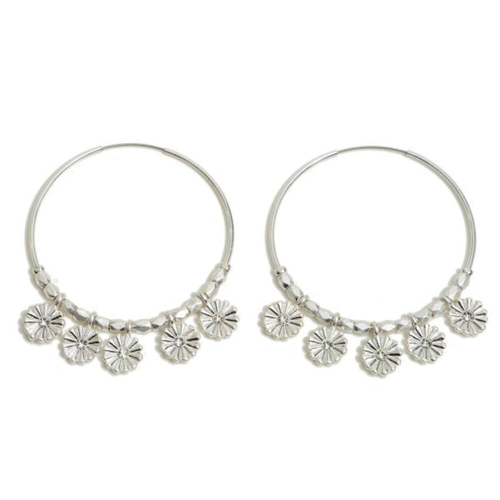 Flower Beaded Hoop Earrings – Worn Silver